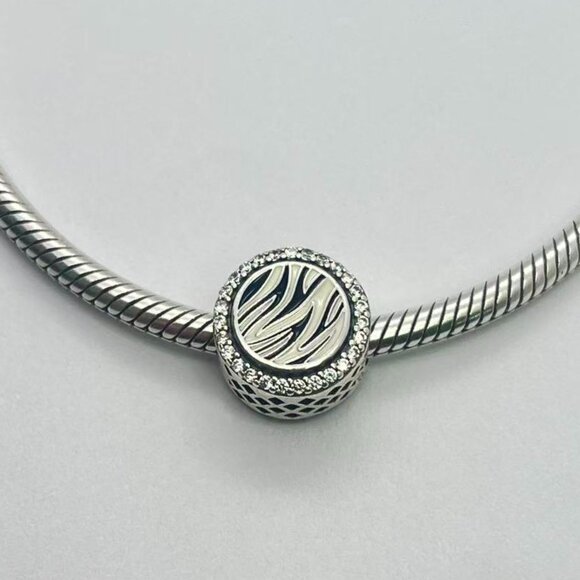 Pandora Black Zebra Print Button Charm Pendant S925 Sterling Silver - Picture 1 of 3